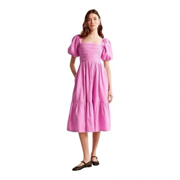 Abercrombie & Fitch Emerson Linen-Blend Puff Sleeve Midi Dress in Pink Size L - Picture 3 of 16